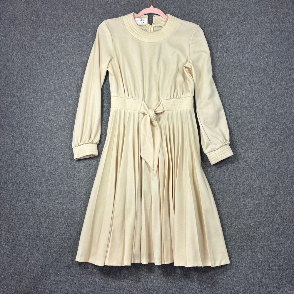 Vintage 70w Plaza South Pleated Midi Dress Ivory Long Sleeve Mock Neck Tie Waist